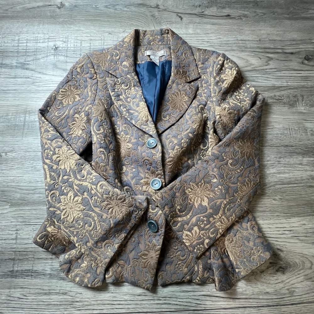Simonton Says Blazer Women Small Blue Gold Floral Brocade George Simonton Jacket
